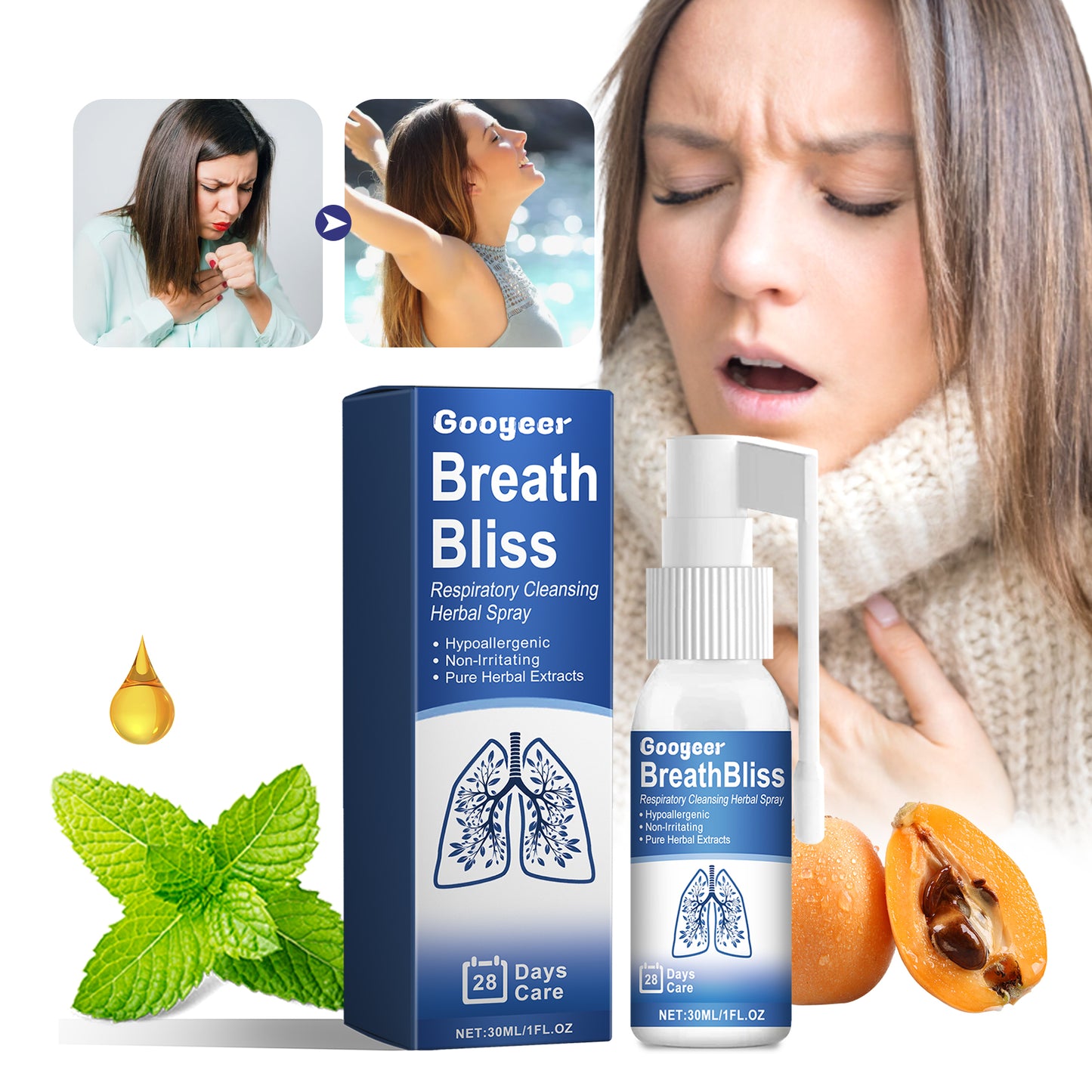 Herbal spray to relieve throat discomfort, dry throat, itchy throat, coughing, and phlegm. Oral spray for throat care.