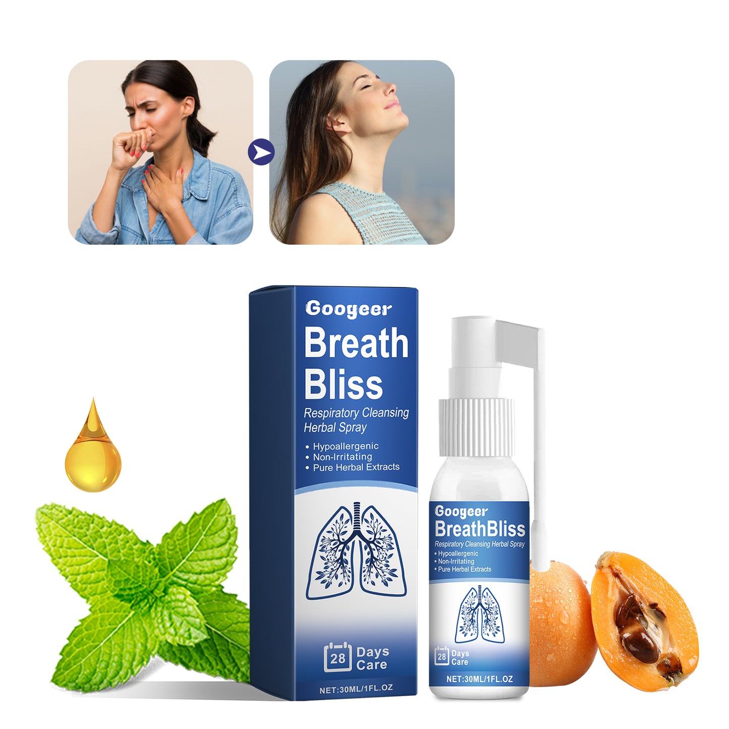 Herbal spray to relieve throat discomfort, dry throat, itchy throat, coughing, and phlegm. Oral spray for throat care.